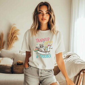 Tanned & Trouble Fun Racoon Summer T-Shirt Vacation Tee Retro Style